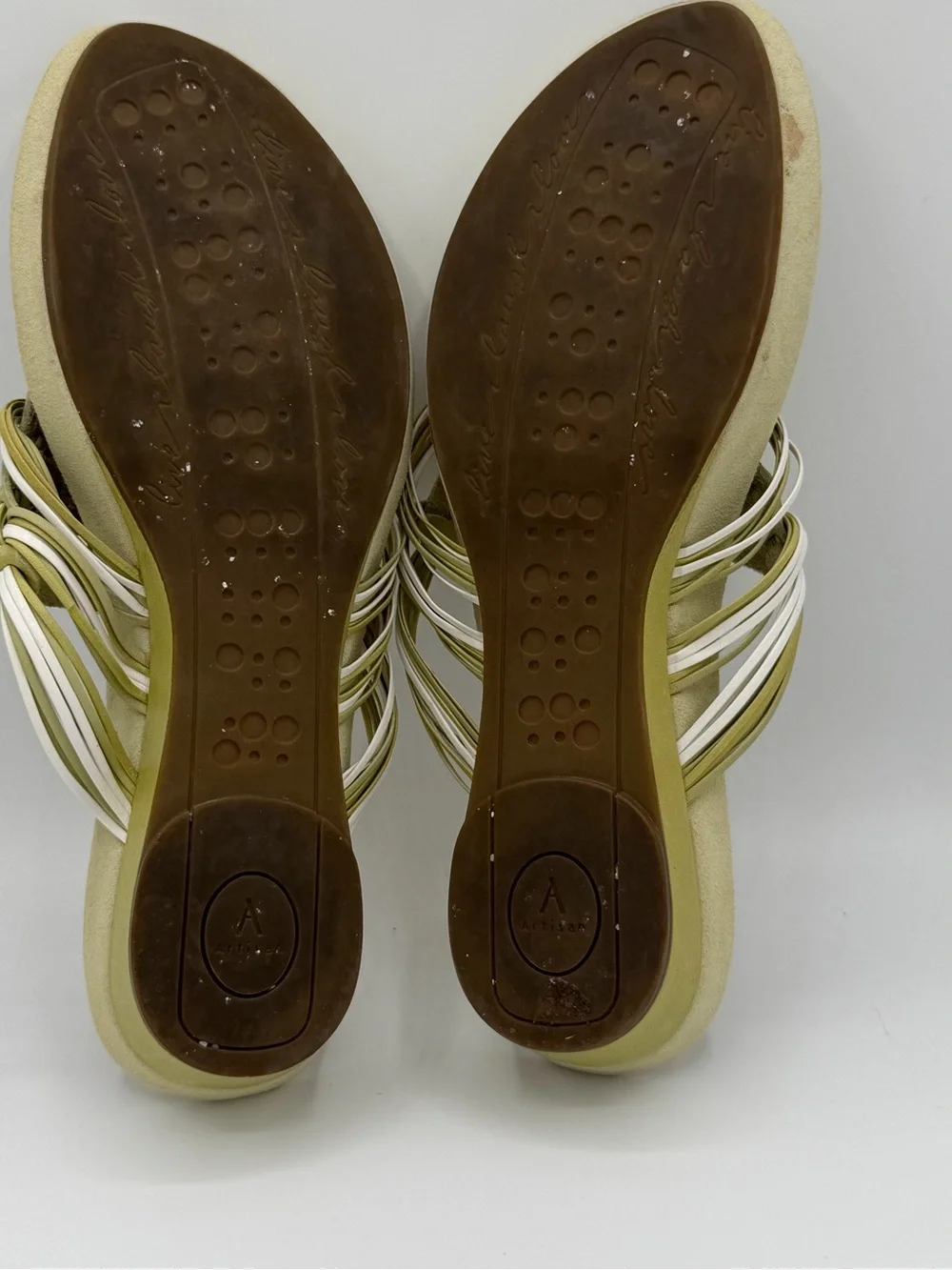 Clarks Artisan Collection Green White Woven Leather Wedge Thong Sandals Size 8M